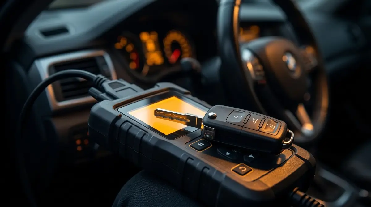Locksmith cutting and programming a replacement car key on site in Hamilton